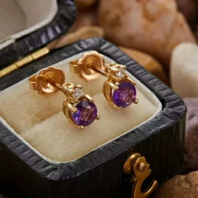 3 Ct Round Cut Simulated Amethyst Women’s Stud Earrings 14K Yellow Gold Plated