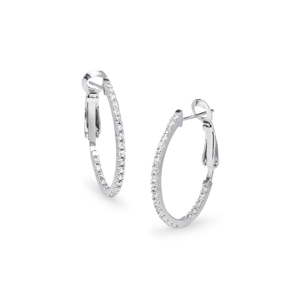 Cubic Zirconia Clutchless Oval 28mm Hoop Earrings in Sterling Silver