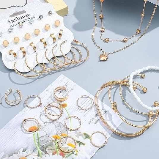 NEWITIN 49 Pieces Gold Jewelry Set for Women Fashion Costume Jewelry Gold Plated