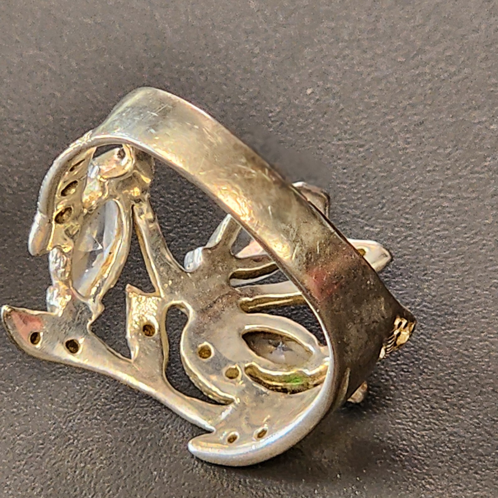 Sterling Silver 925 Ring Sz 7 White Stone Engraved Wide Band Cocktail 1″ Flawed