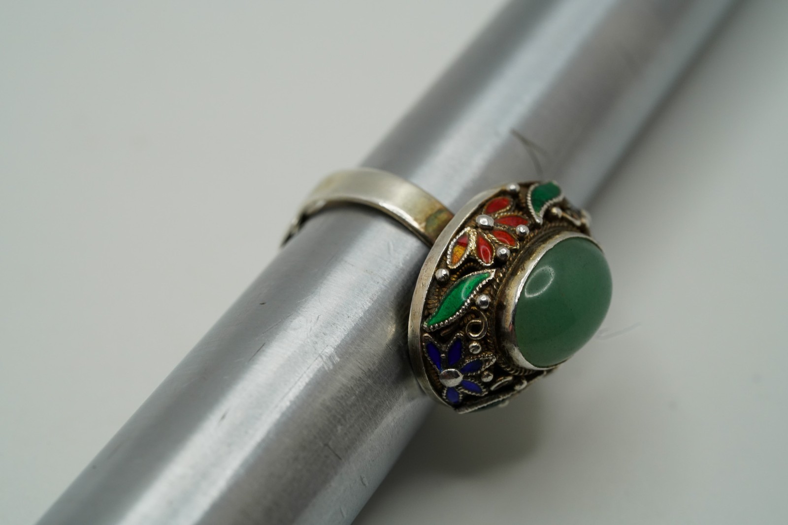 Vintage Chinese Export Sterling Silver Jade Enamel Adjustable Ring JB44