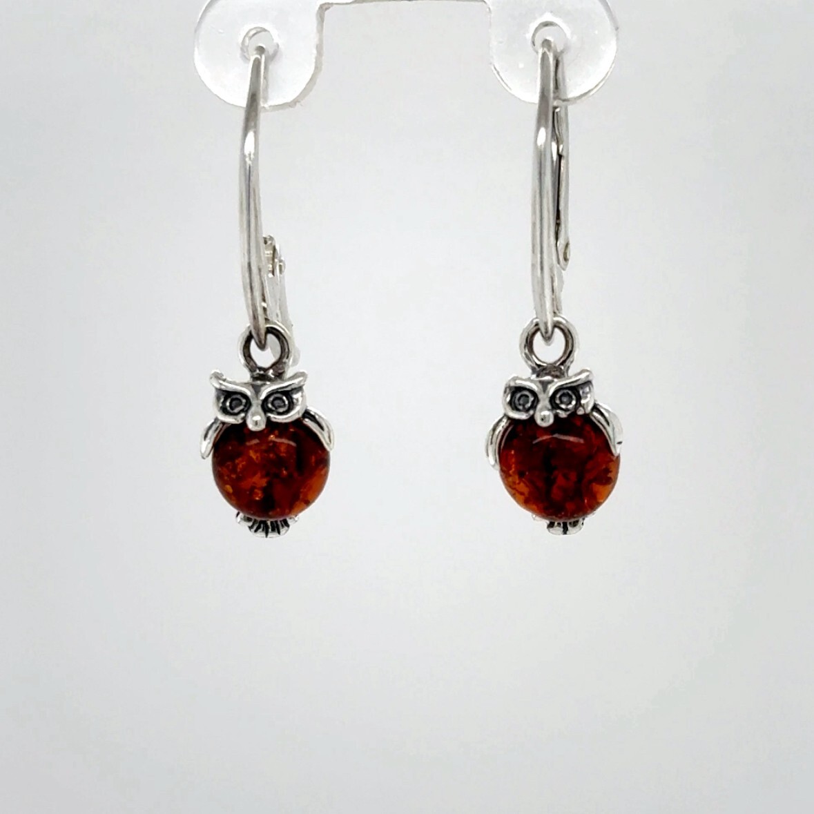 Cognac / Brown BALTIC AMBER Owl Leveback Earrings 925 STERLING SILVER #5573e