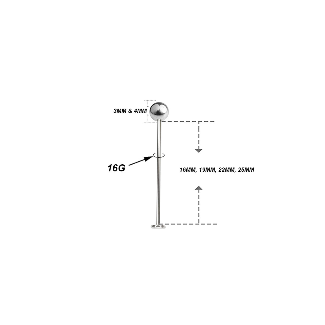 Threaded Labret Flatback Surgical Steel Extra Long 14G 16G with 3mm 4mm Top Ball