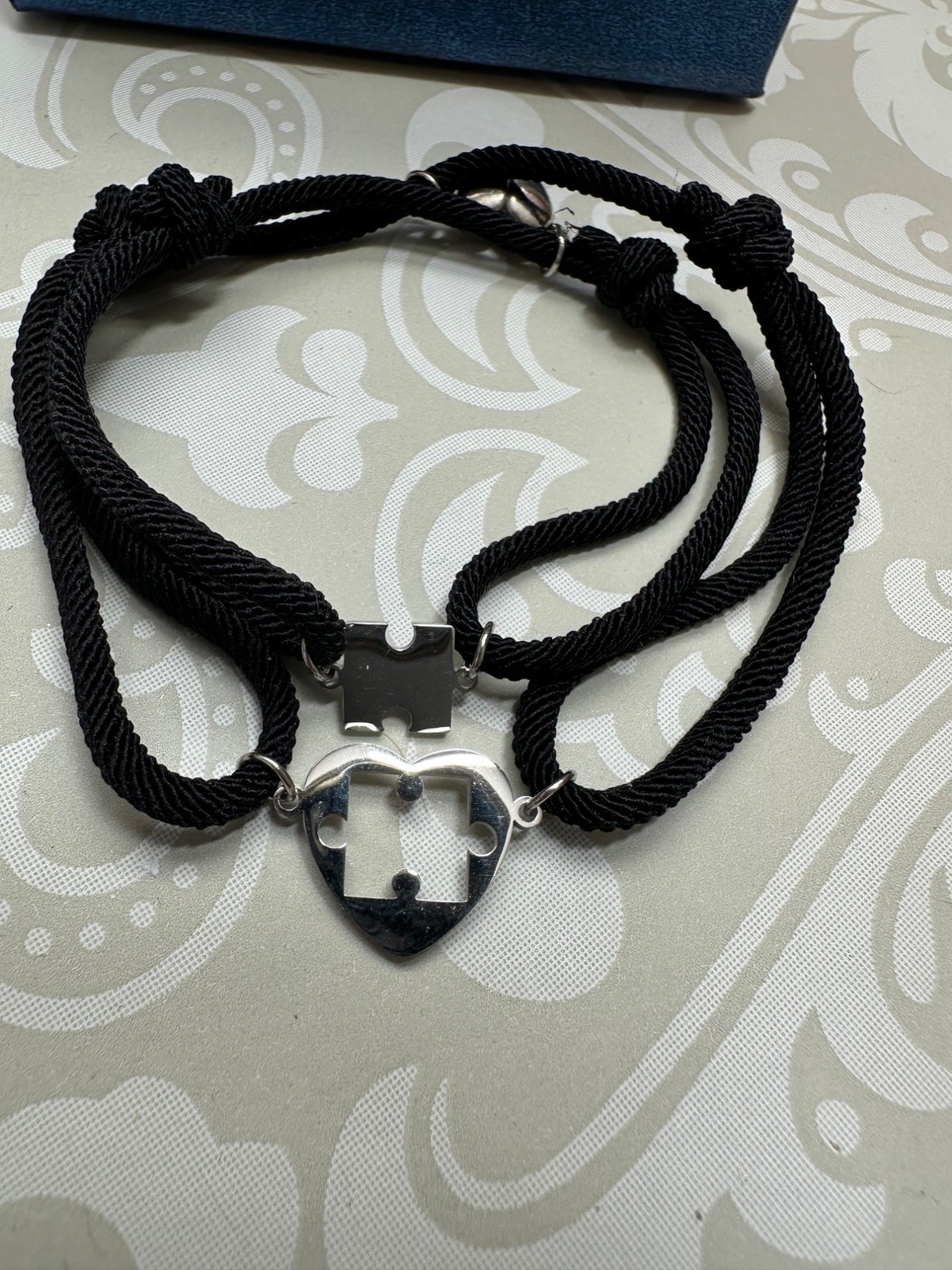 Double Strand Black Corded Silver Heart Puzzle Bracelet New in Box