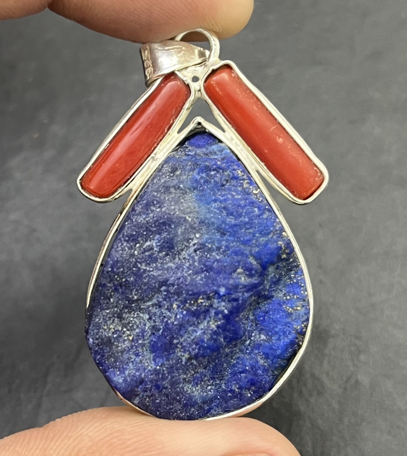 Natural Lapis Lazuli Raw Coral Pendant 925 Sterling Silver Boho Handmade Jewelry