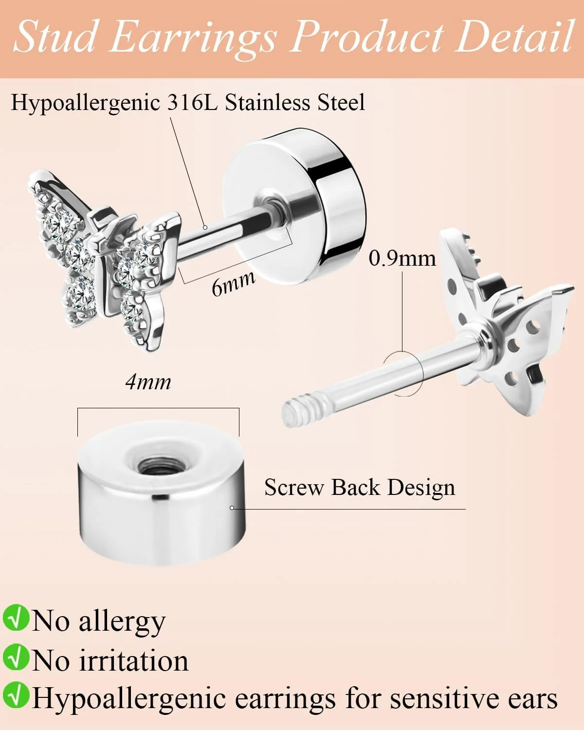 Surgical Steel Hypoallergenic Earrings for Women, Flat Back 316L Stainless Steel