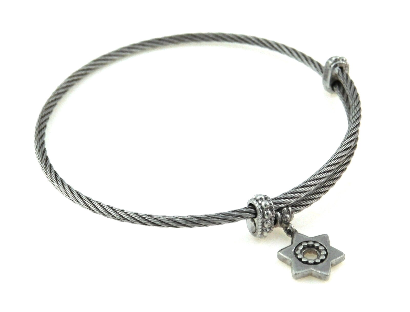 Gabriel & Co Twisted Cable Stainless Steel Bangle w Sterling Silver Star Charm