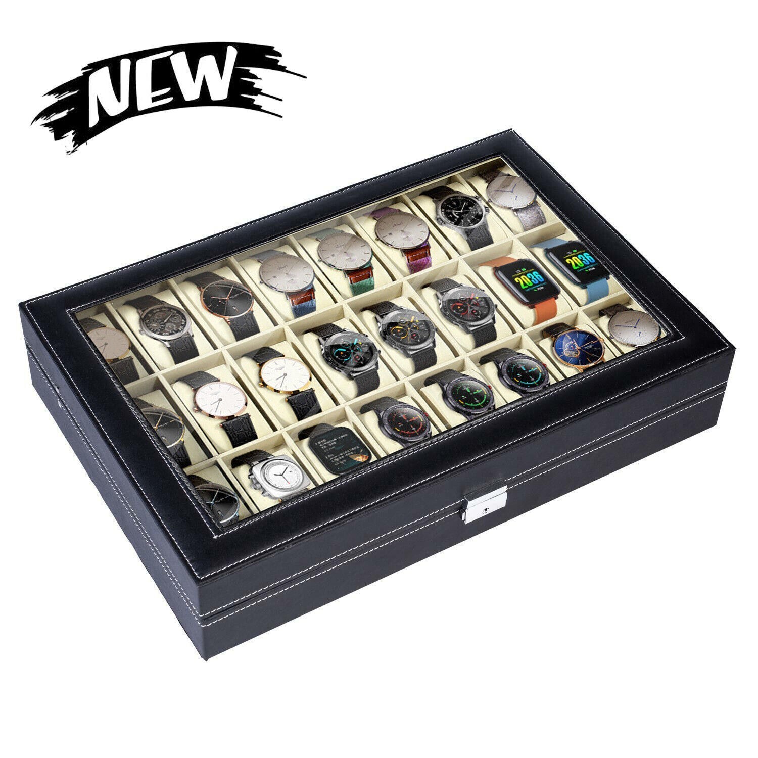 24 Slots Watch Box PU Leather Watch Case Organizer Watch Display Case Lockable ;