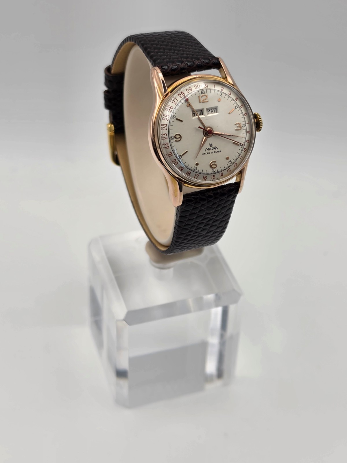 Vintage Swiss Triple Calendar Manual Wind Watch Malona 17J 40’s excellent