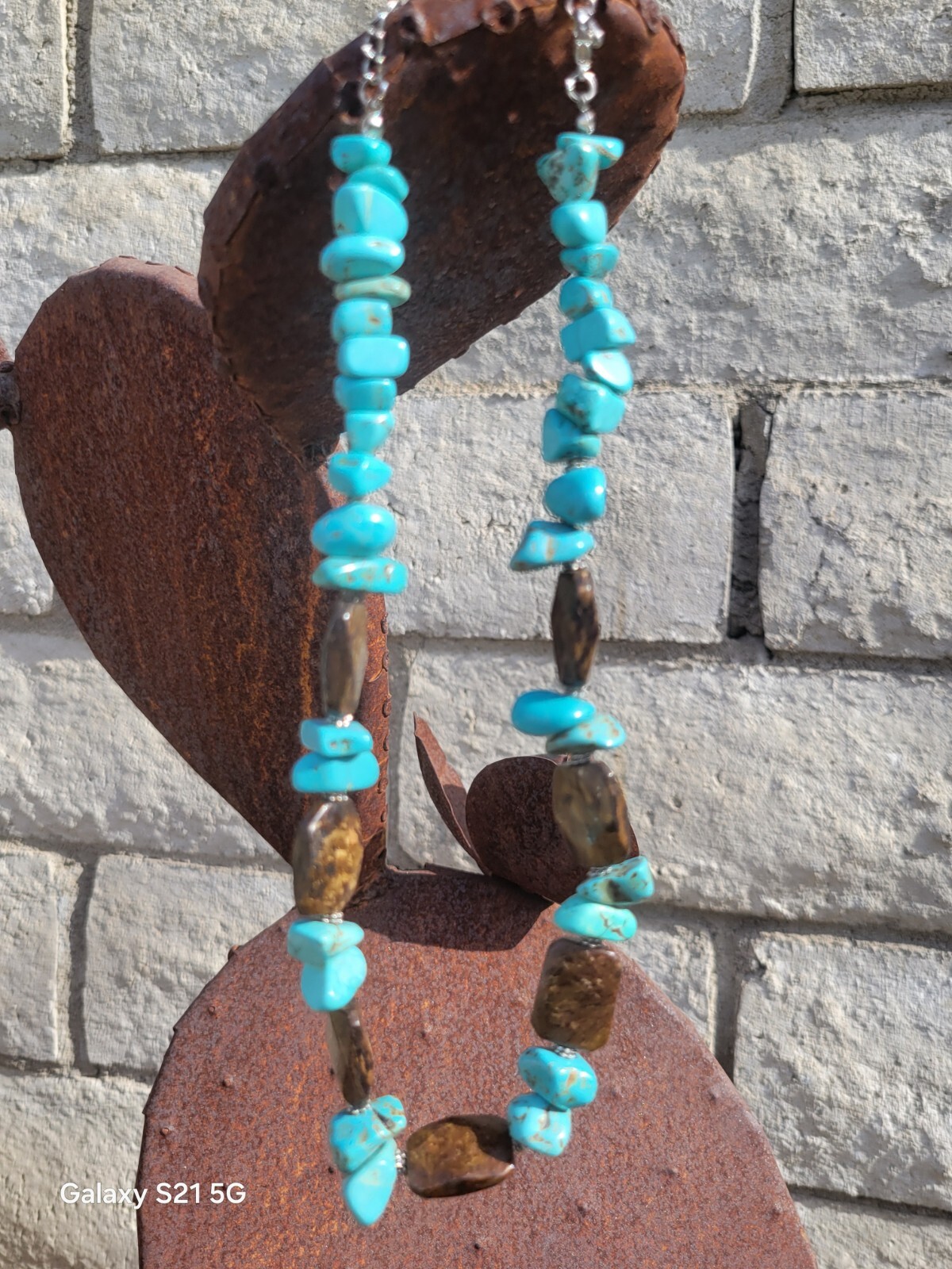 Turquoise-Bronzite Necklace 20″ Long Boho Chic Artisan Made Adjustable OOAK