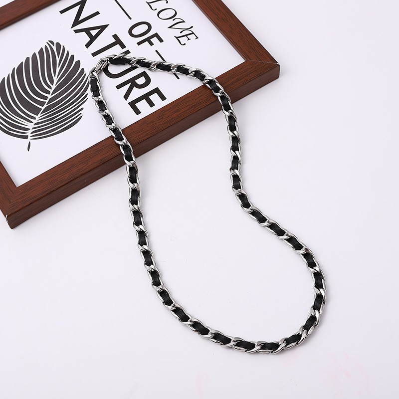 Black Leather Silver Cuban Jewelry Set Minimalist Necklace Bracelet Matching