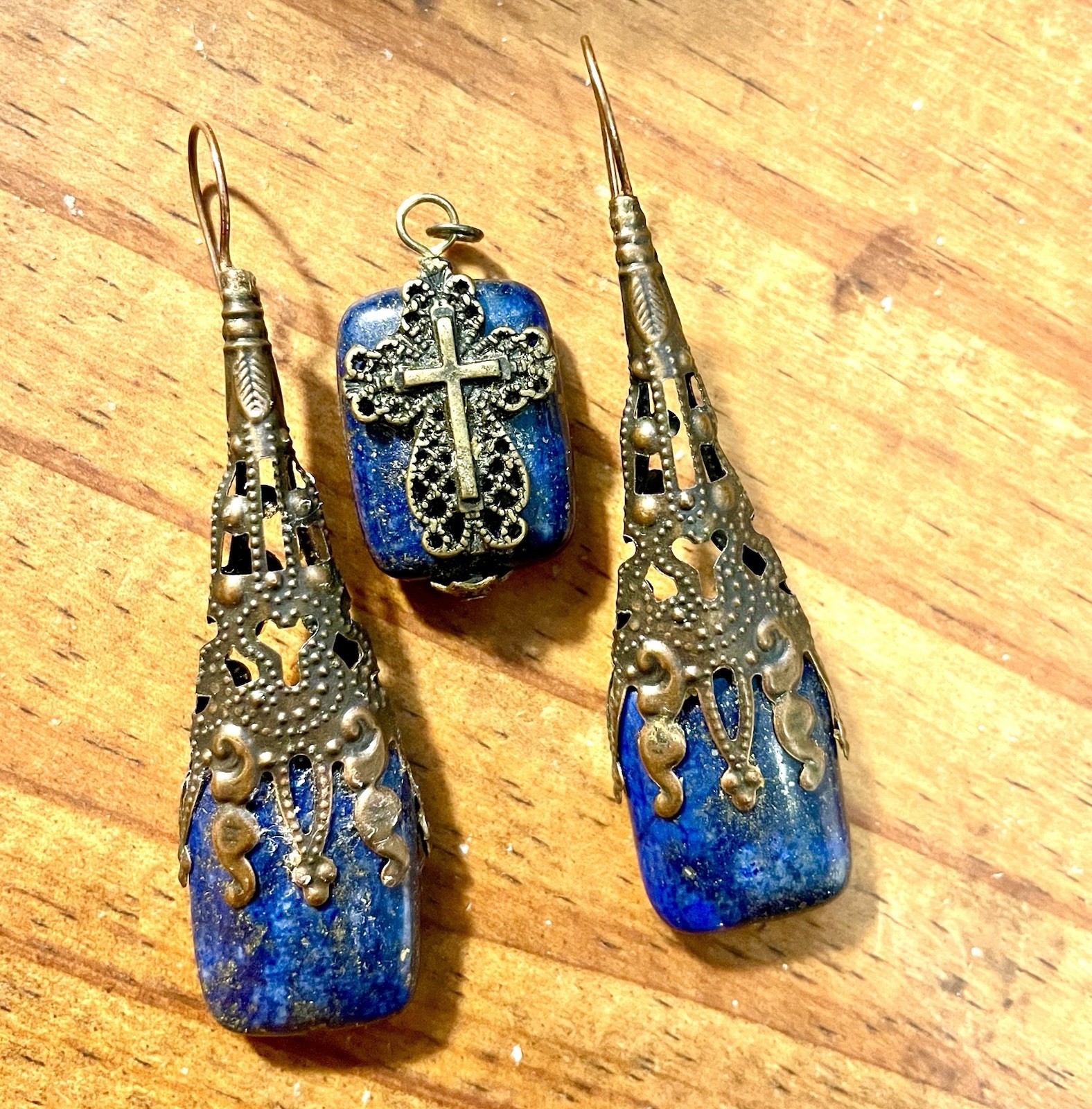Lapis Lazuli Renaissance Style Drop Earrings W Matching Cross Pendant Filigree ￼