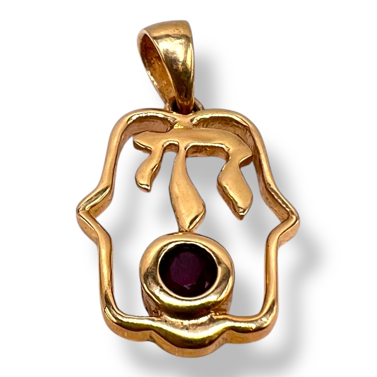 Solid 14k Yellow Gold Ruby Hamsa Chai Pendant Charm 2.68 Grams
