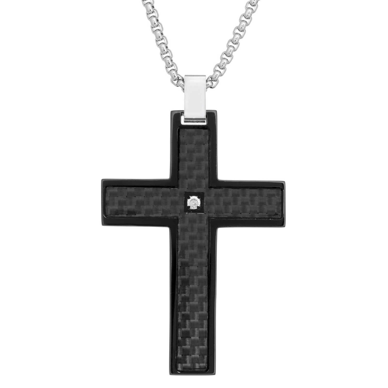 Stainless Steel Cross Pendant Black Plating Black Carbon .02 CTTW Diamonds