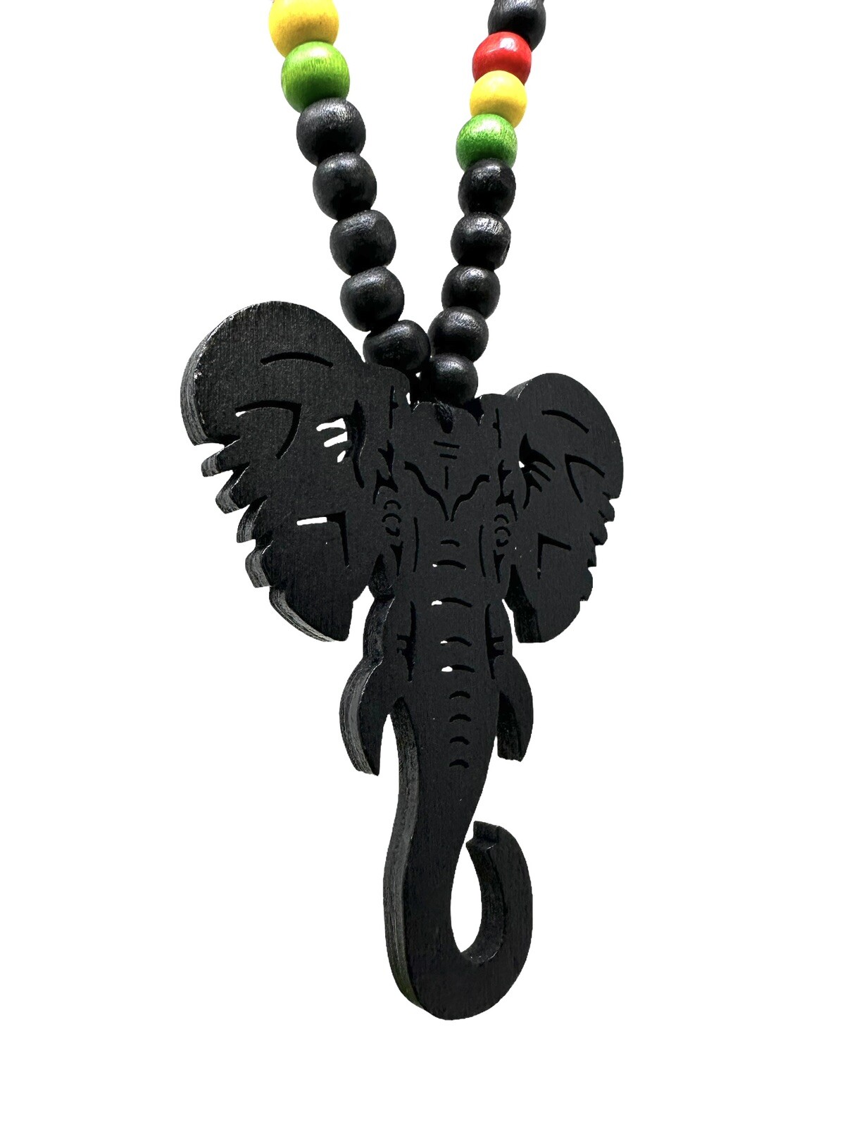 Handcrafted Wooden Elephant Head Necklace with Rasta Accent Beads – 30” Length