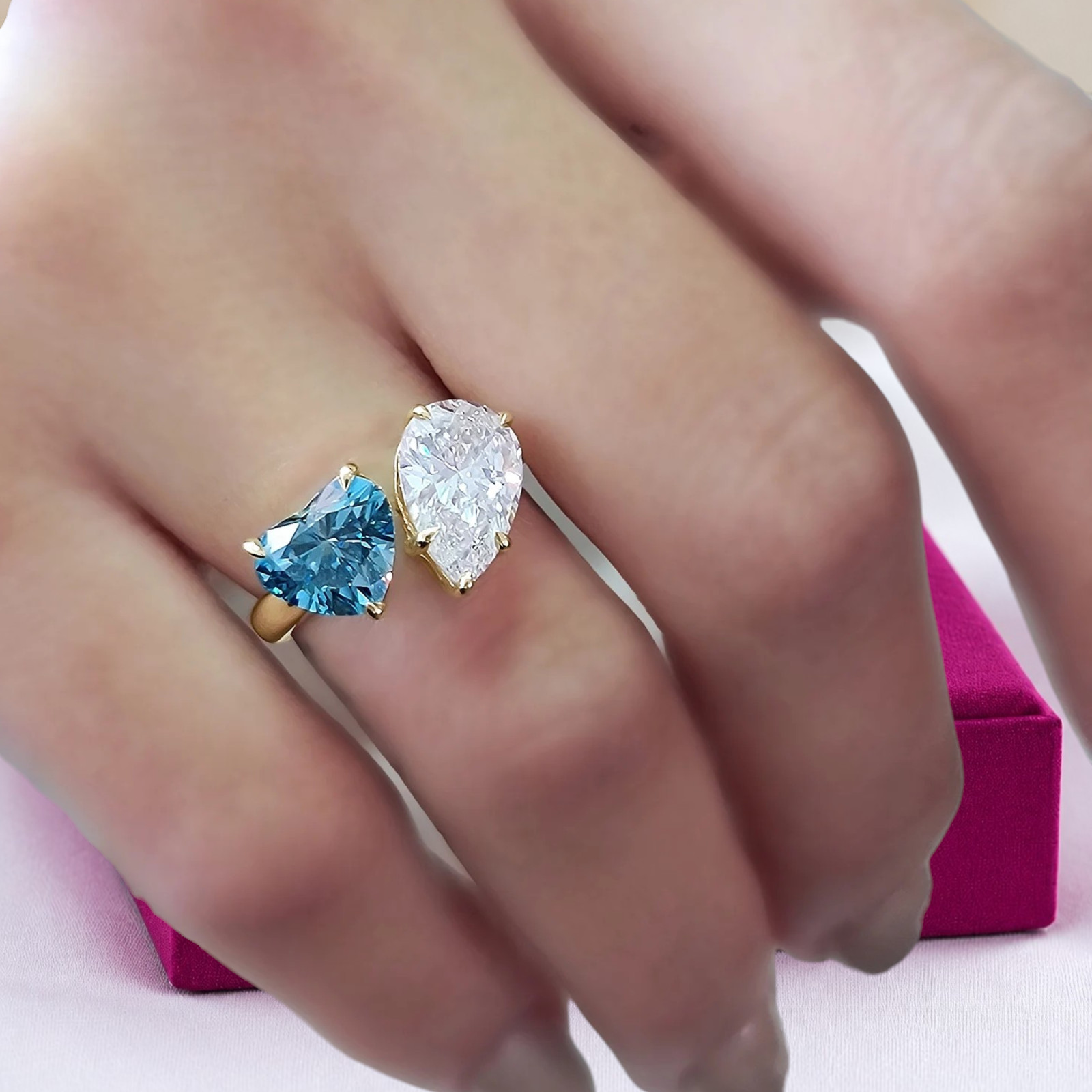 3.00 Ct Heart&Pear Cut 18K Yellow Gold Lab Grown Fancy Intense Blue Diamond Ring