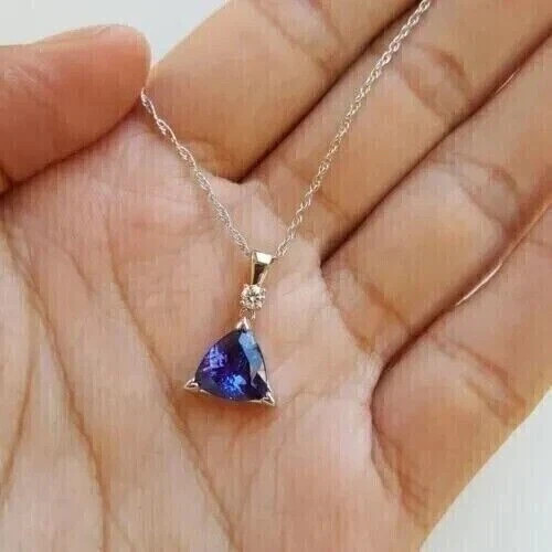 14K White Gold Plated 1.74Ct Trillion Lab-Created Tanzanite Solitaire Pendant