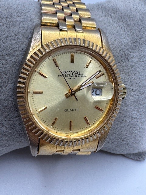 Vintage Men’s AXIS Royal Rainbow Time Gold Tone Quartz Date Watch New Battery