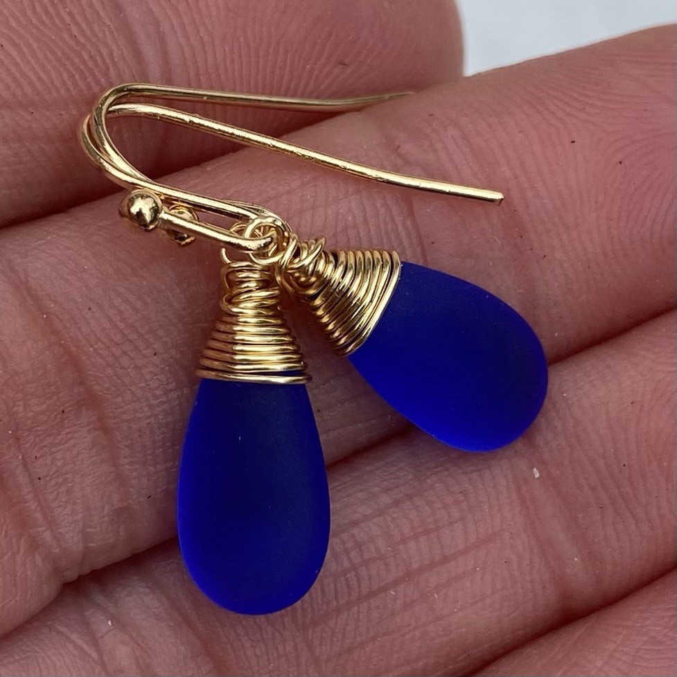 Min Favorit Cobalt Blue Sea Glass Teardrop & Gold Pl Artisan Wrap Earrings