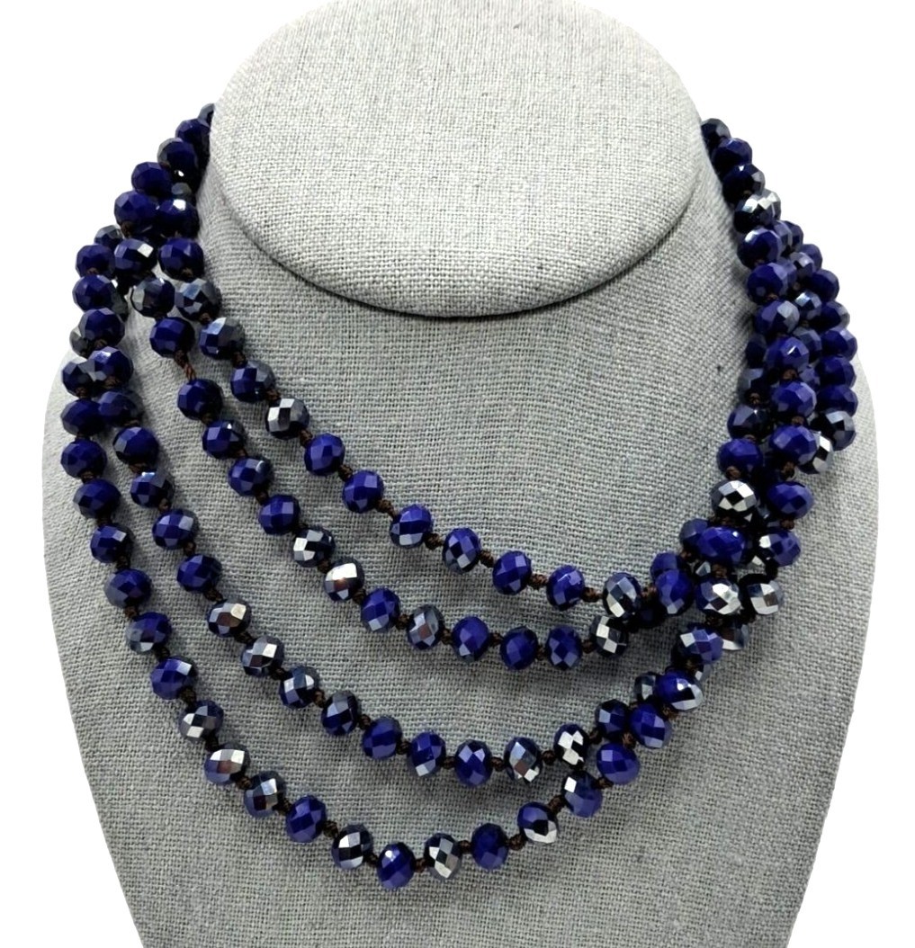 Vintage Glass Beaded Necklace Cobalt Royal Blue Silver Aurora Borealis Hand Knot