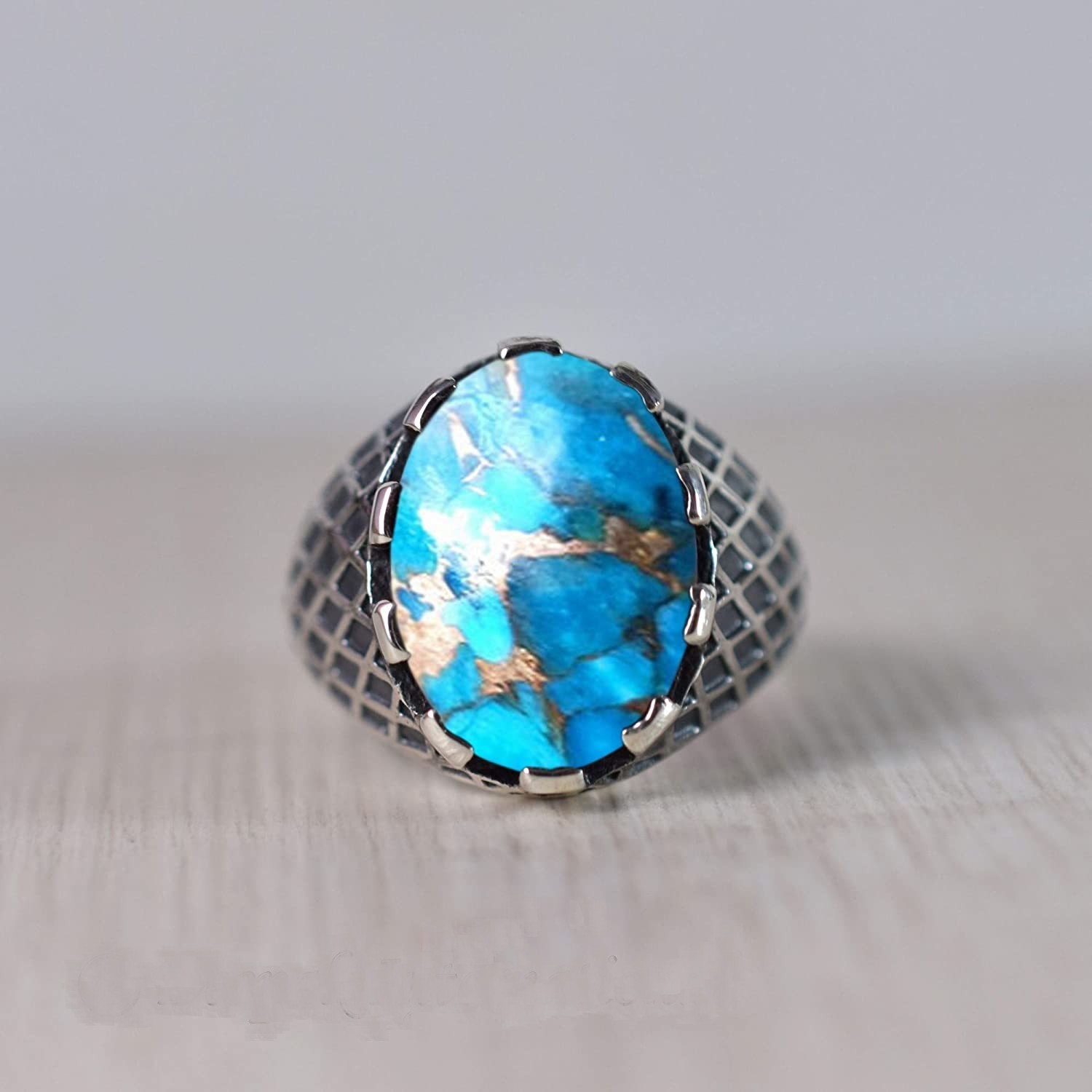 Solid 925 Sterling Silver AA Natural Copper Turquoise Gemstone Men’s Unisex Ring