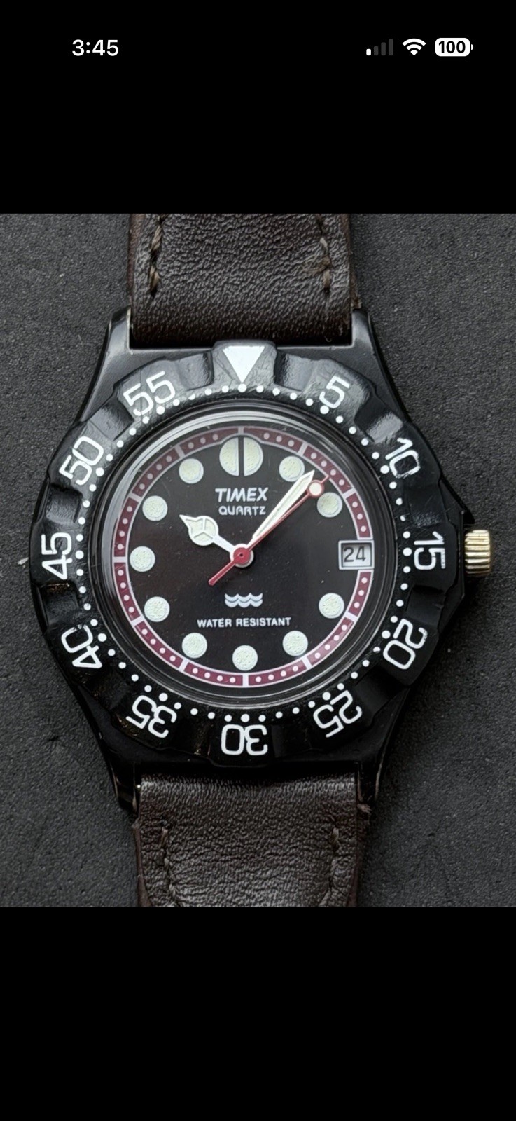 Vtg 1990 TIMEX Diver Men’s 36mm Quartz Watch Date Black Case Dial Brown Leather