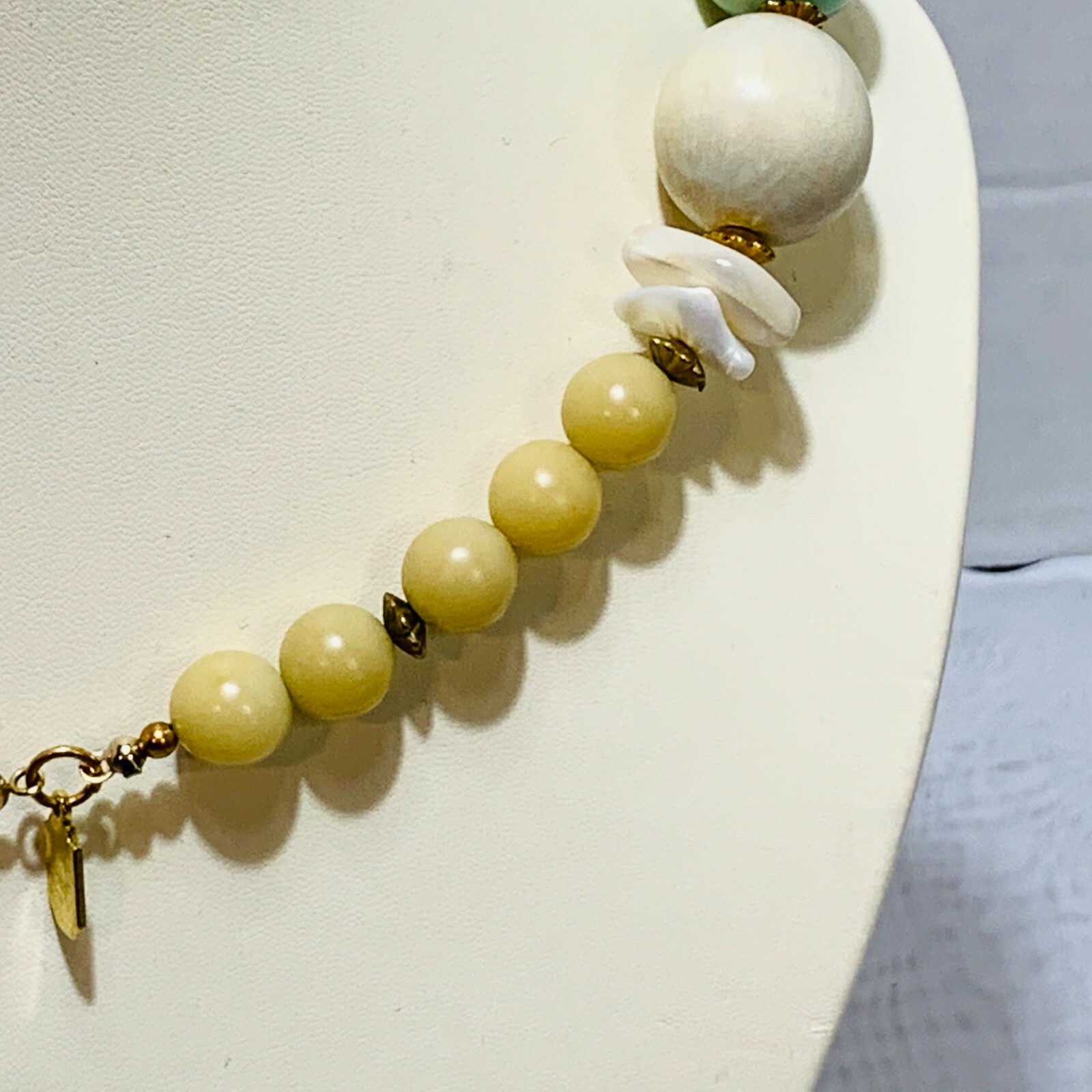 Vintage Designed By Paula Faux Necklace wood, plastic, metal & stone teal bronze
