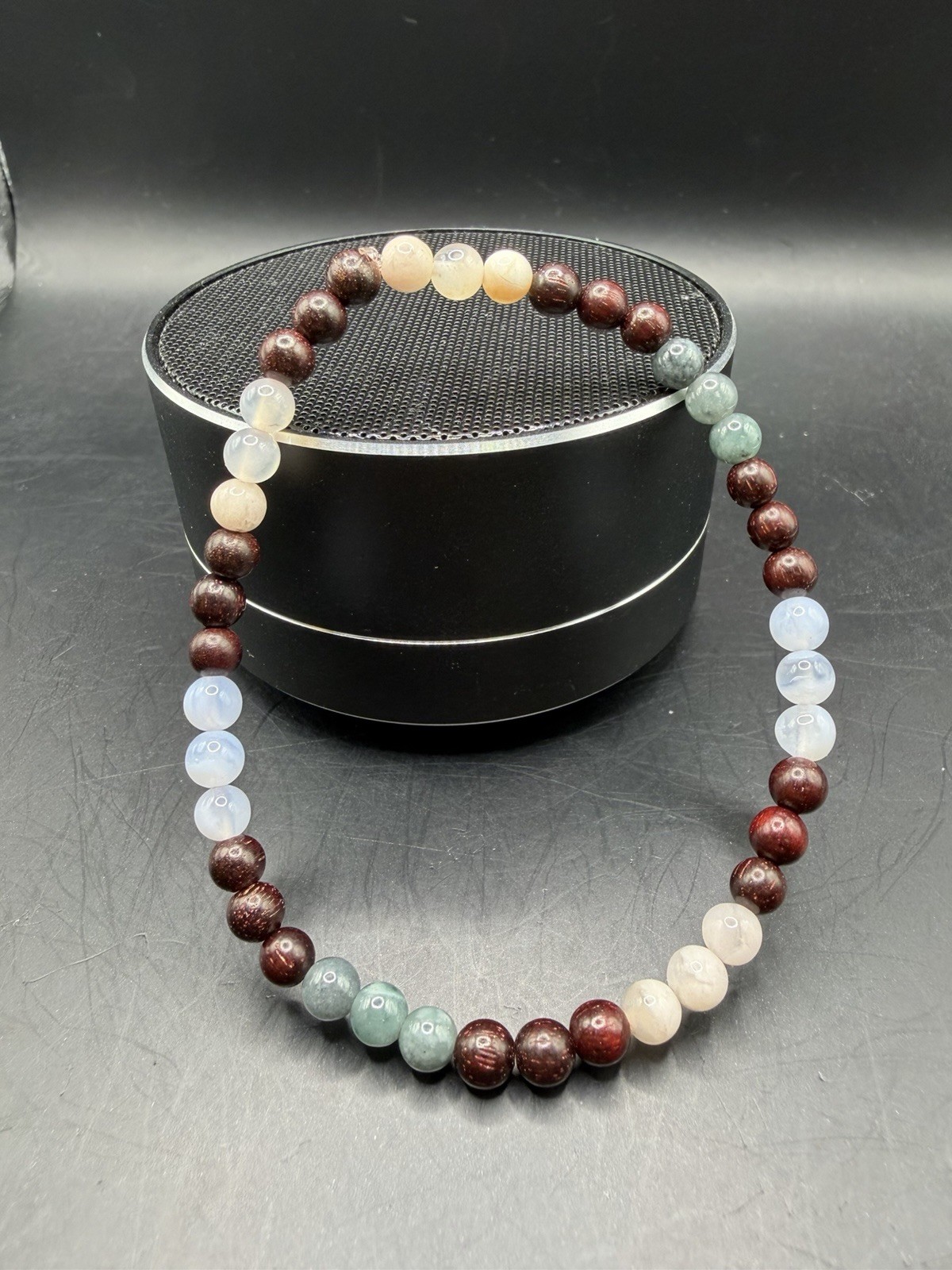Beaded Bracelet with Blue Water Jade, Pink Flower Agate, and Sandalwood Beads