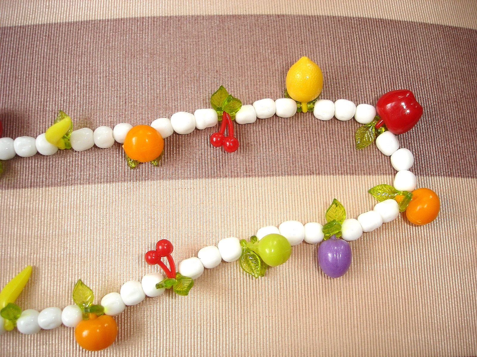 Vintage Plastic FRUIT White Glass Bead Necklace-Apple Banana Orange Pear Cherry