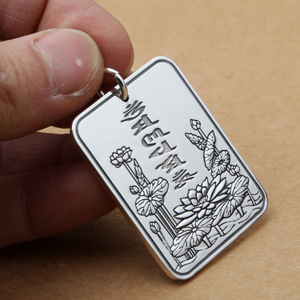 Pure S999 Fine Silver Lucky Six Words Heart Sutra Pendant 29-30g 45*35mm
