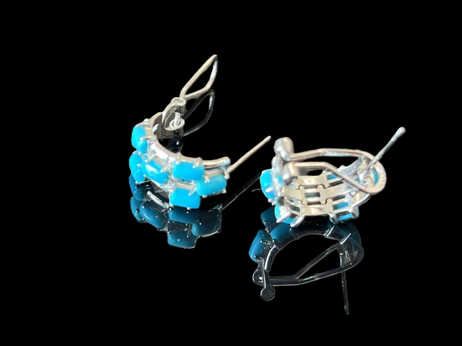 925 Solid Silver 3x4mm Blue Turquoise English Lock Stud 16mm Earrings