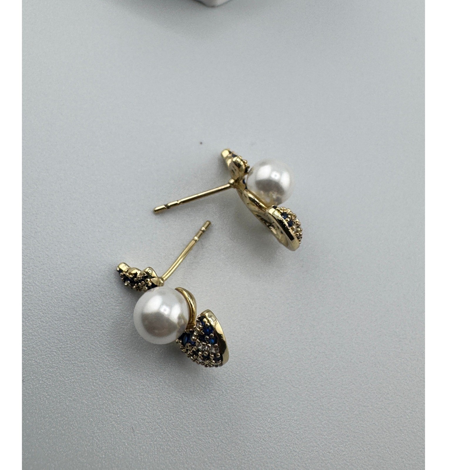 14k Gold Plated Dolphin Pearl Stud Earrings Blue Clear Crystal Nautical Jewelry