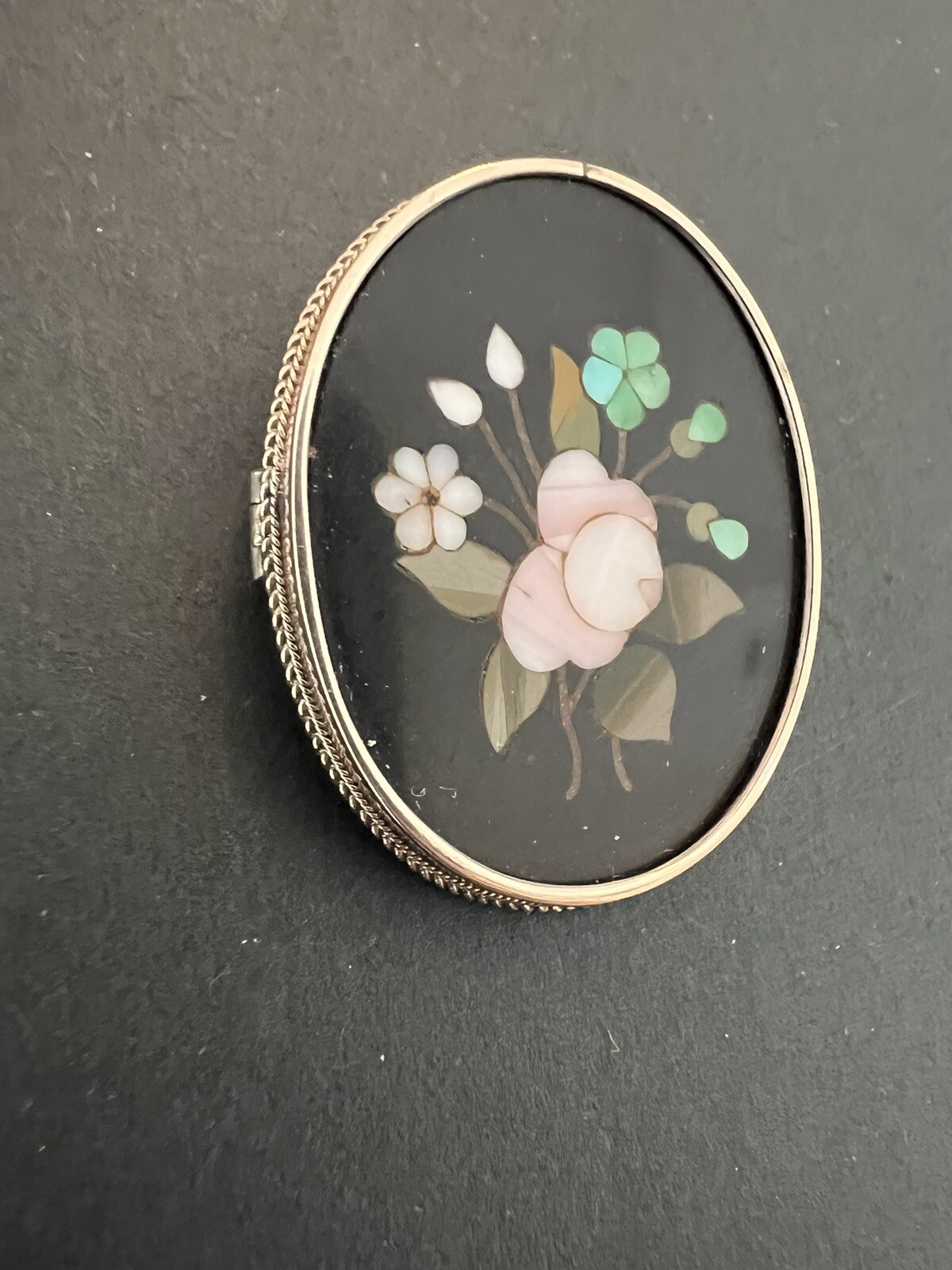 Vintage Antique Italian Pietra Dura Inlay 14k Yellow Gold Brooch Pin Flowers