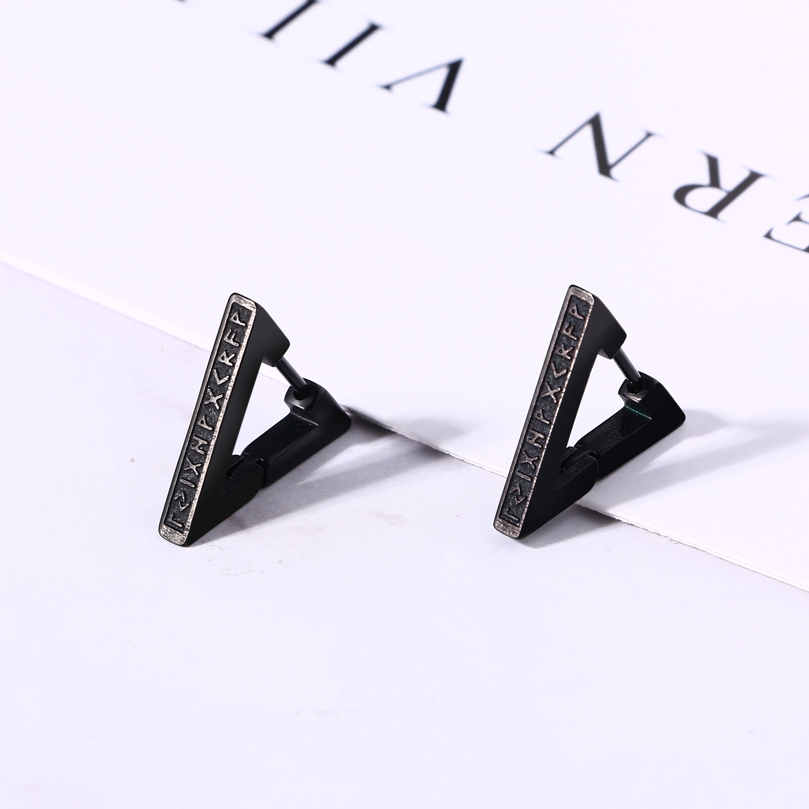 Norse Viking Runes Triangle Hoop Earrings for Men Women Huggie Hoops Ear Studs