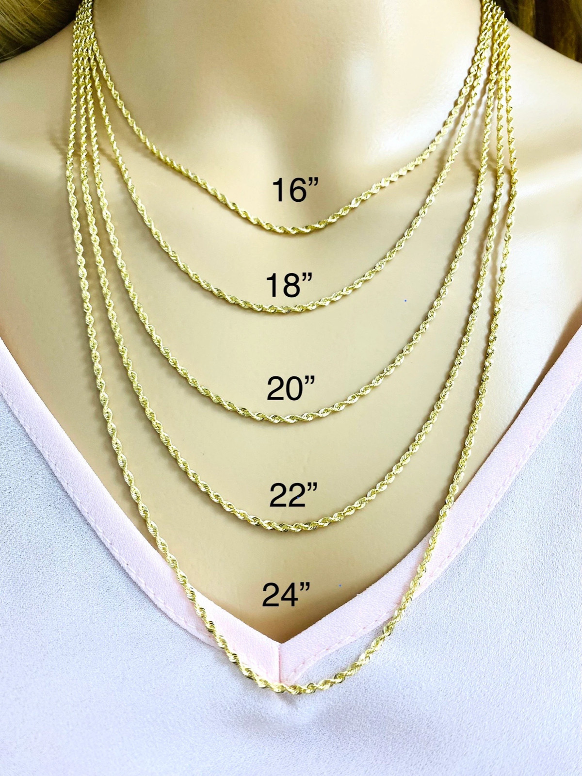 14K Real Gold 2mm Rope Chain 16″ to 24″ – 14k Real Hollow Gold – Unisex – CH531