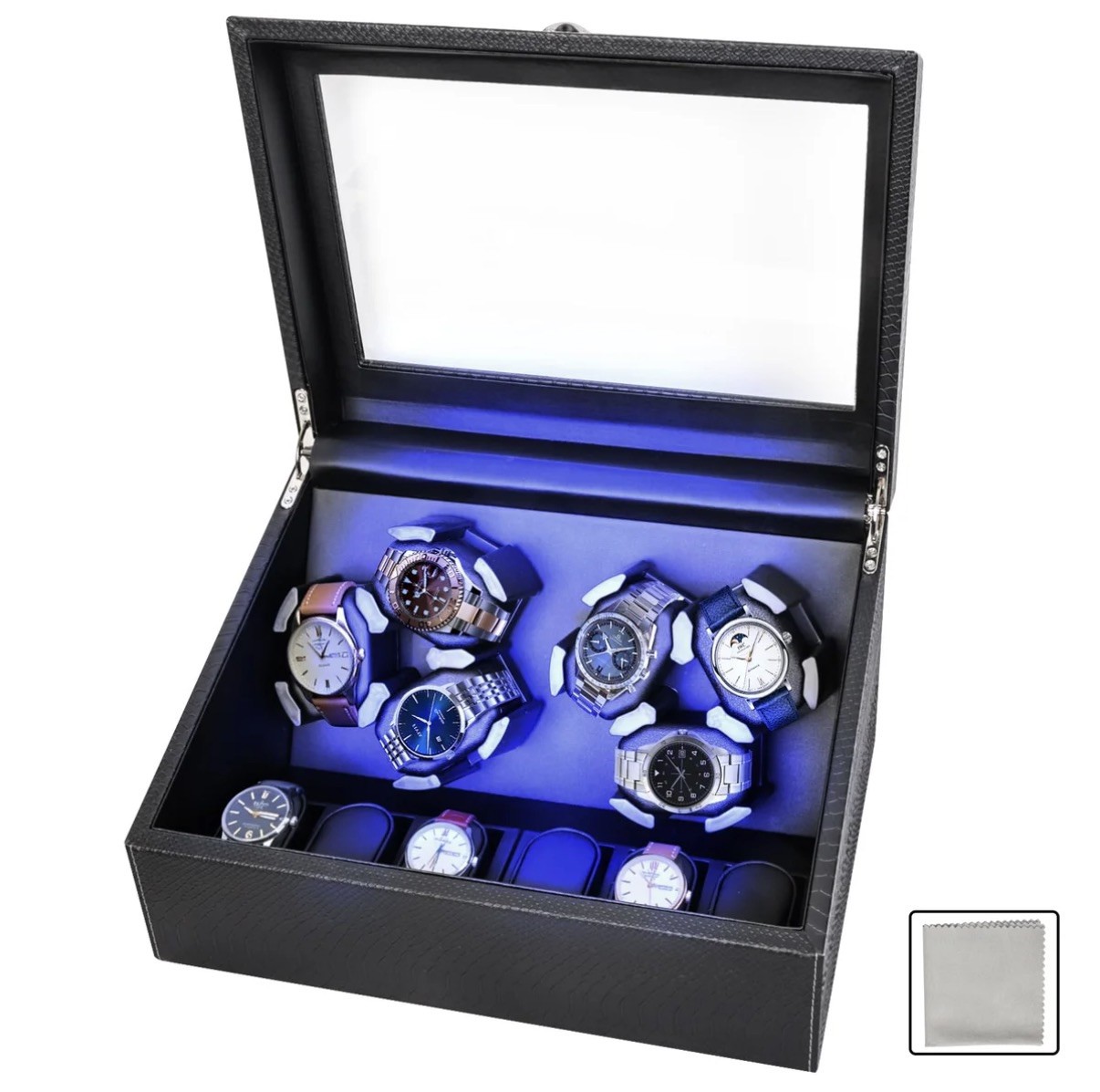 Automatic 9 Watches Display Watch Winder Storage Case + Blue LED Light