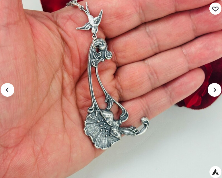 Vintage Art Nouveau Poppy Flower Necklace Sparrow Bird Pendant Nature Jewelry