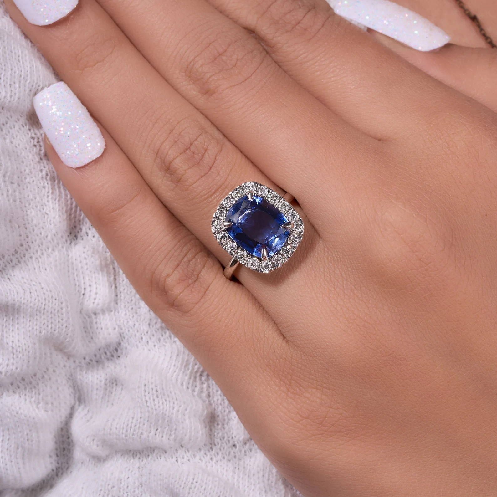 5.00 Ct Cushion Natural Sapphire & Diamond Wedding Ring 14K White Gold Size 7