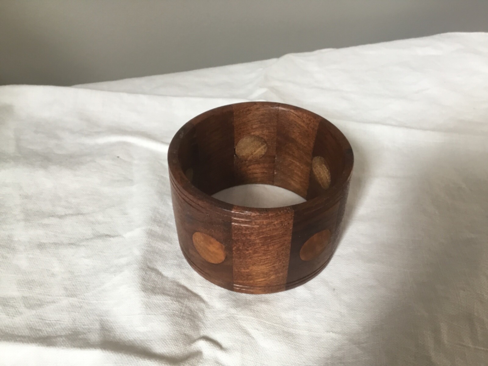 Vtg HANDMADE WOODEN BRACELET Inlaid 1 7/8 “ WALNUT Boho Hippie Chunky