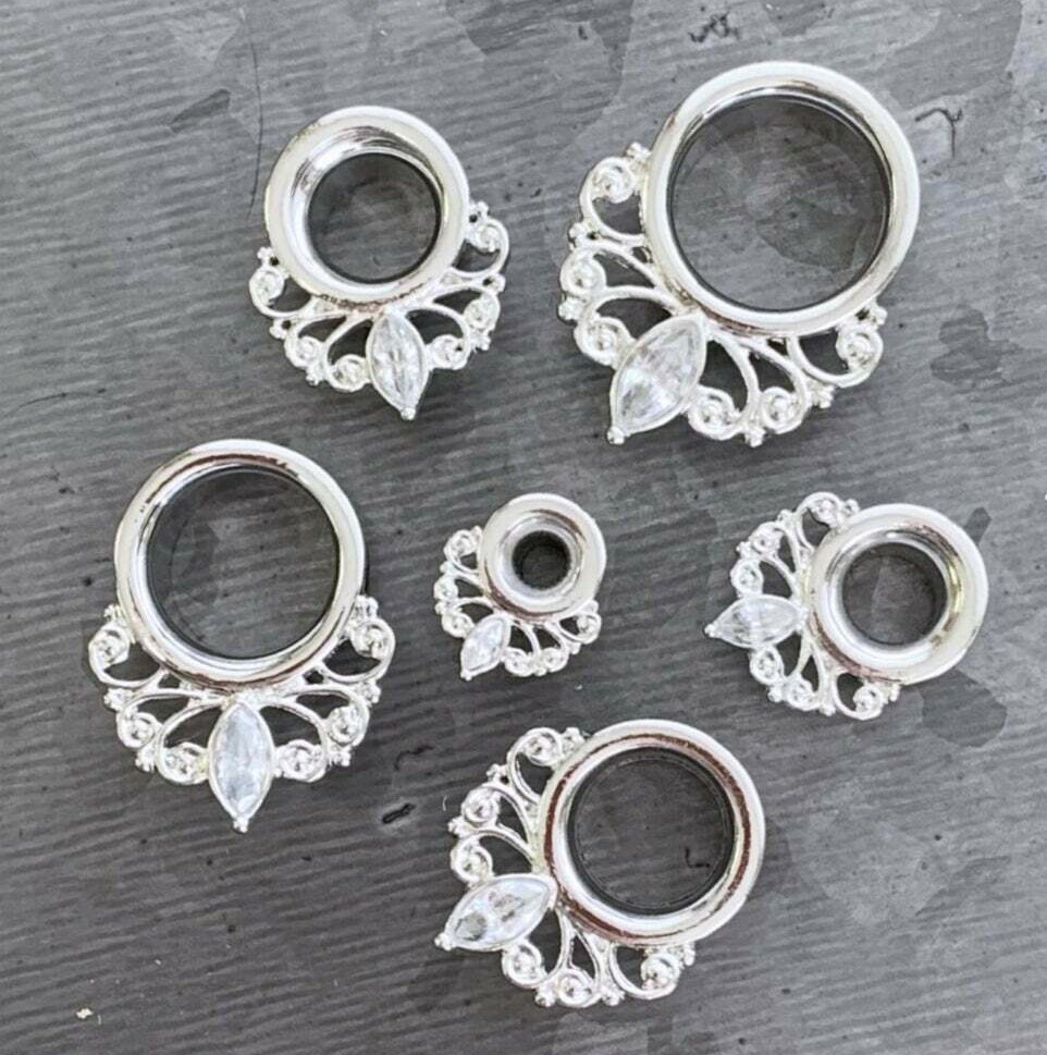 PAIR Marquise Crystal Vintage Filigree Drop Single Flare Tunnels Plugs Gauges