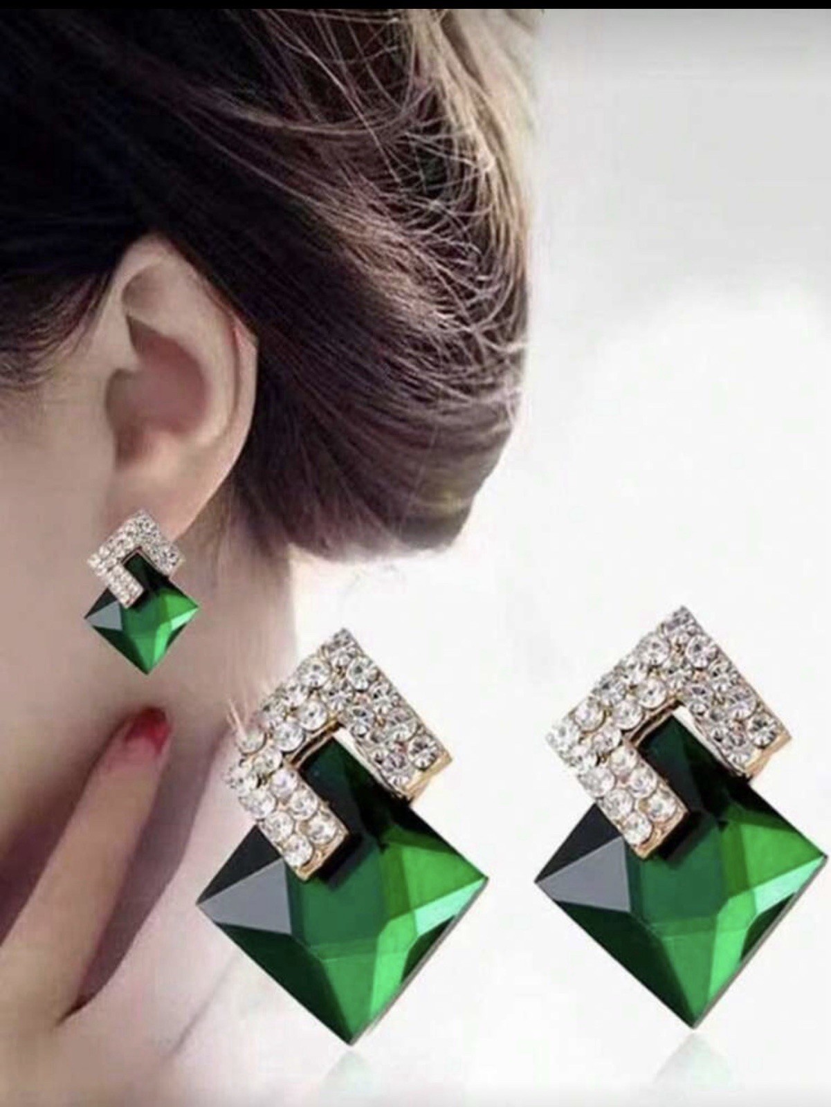 Glam Green Rhinestone Geometric Clip-On Stud Earrings