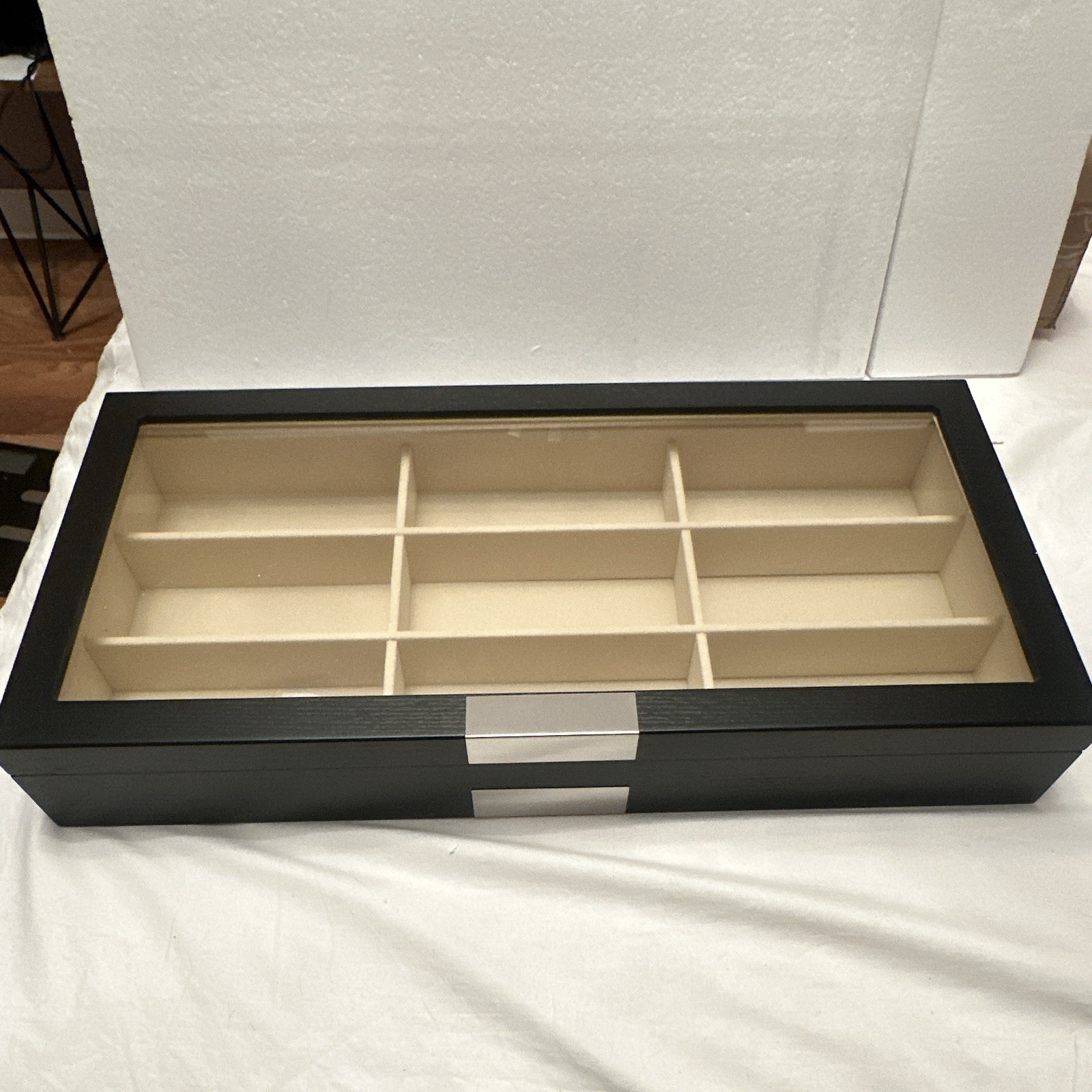 Black Wood Jewelry Box Glass Top Beige Lined 10 Slot Rectangle Display Case