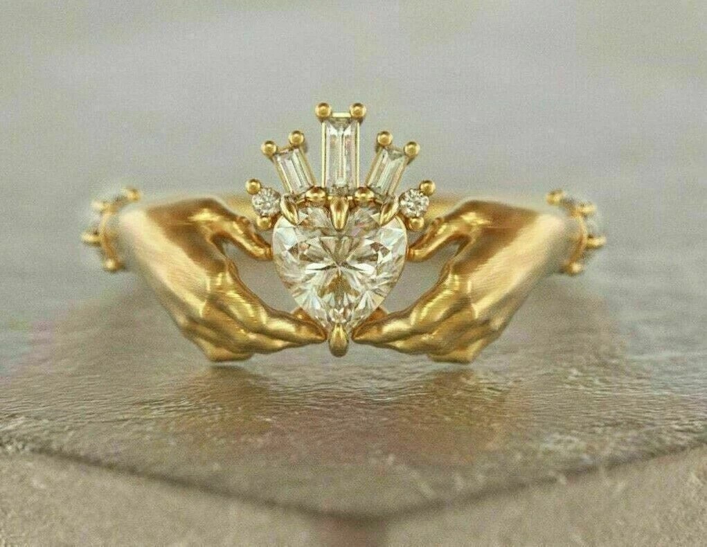 14K Yellow Gold Plated 2Ct Heart Cut Lab-Created Diamond Claddagh Wedding Ring