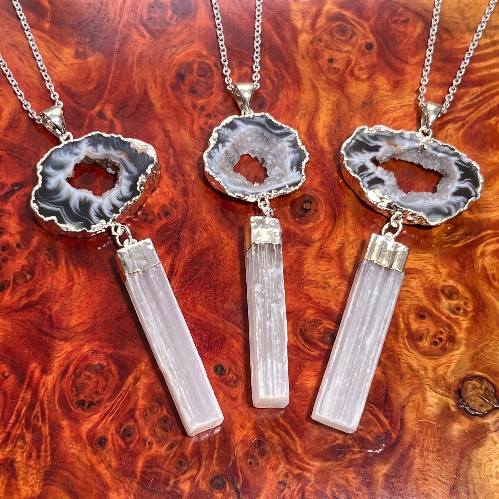 Selenite and Geode Crystal Pendant (Silver Plated) Necklace Jewelry Charm Supply
