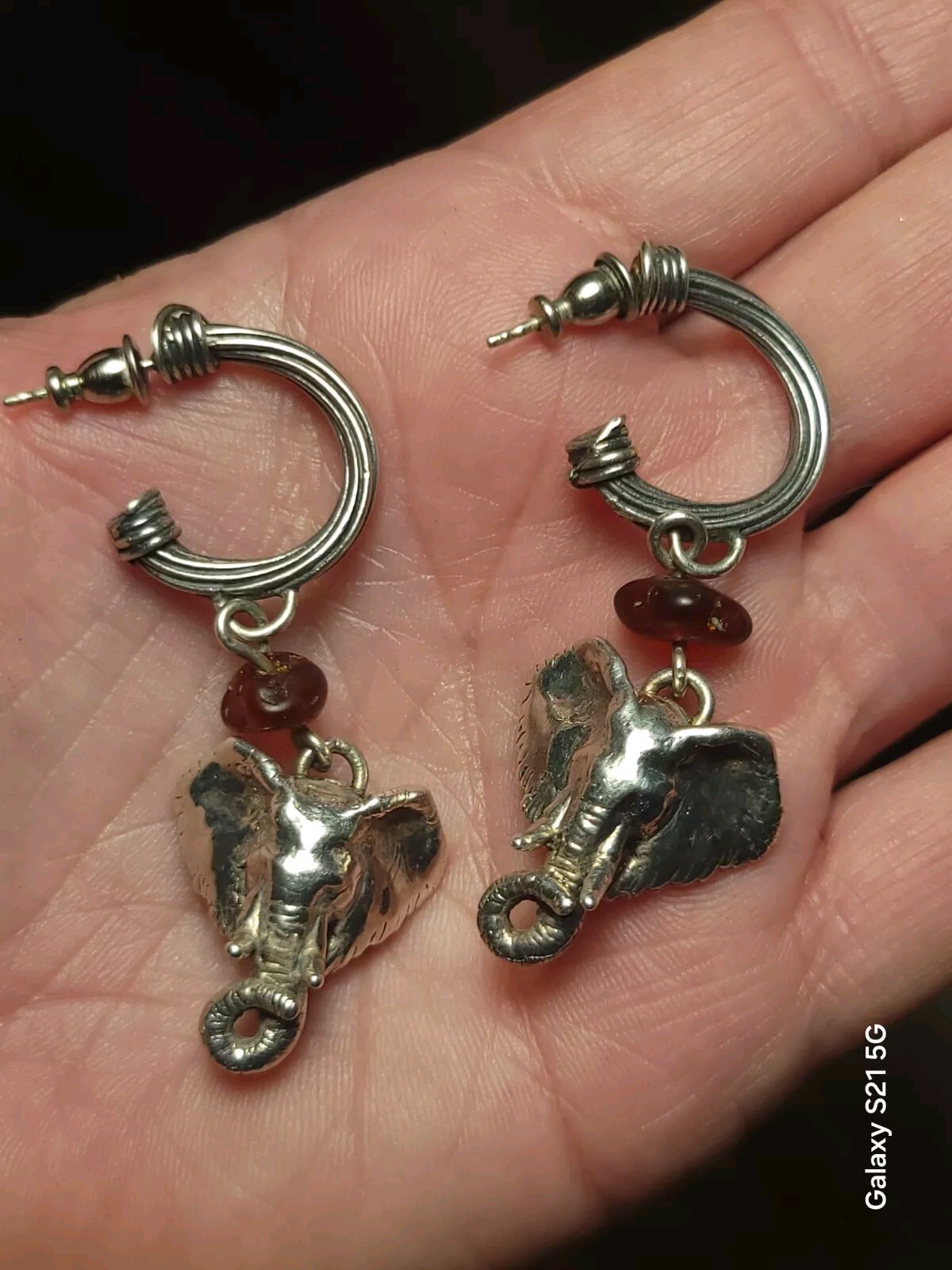 Susan Cummings Elephant Earrings Dangle Sterling Silver & Amber 2″ Long 1990s