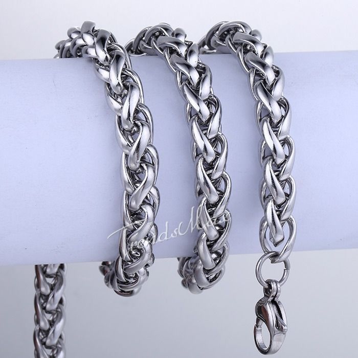 3/4/5/6/8/10mm Boys Men’s Chain Stainless Steel Wheat Link Silver Tone Necklace