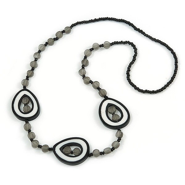 Gray/ White/ Black Resin and Glass Bead Long Necklace – 80cm L