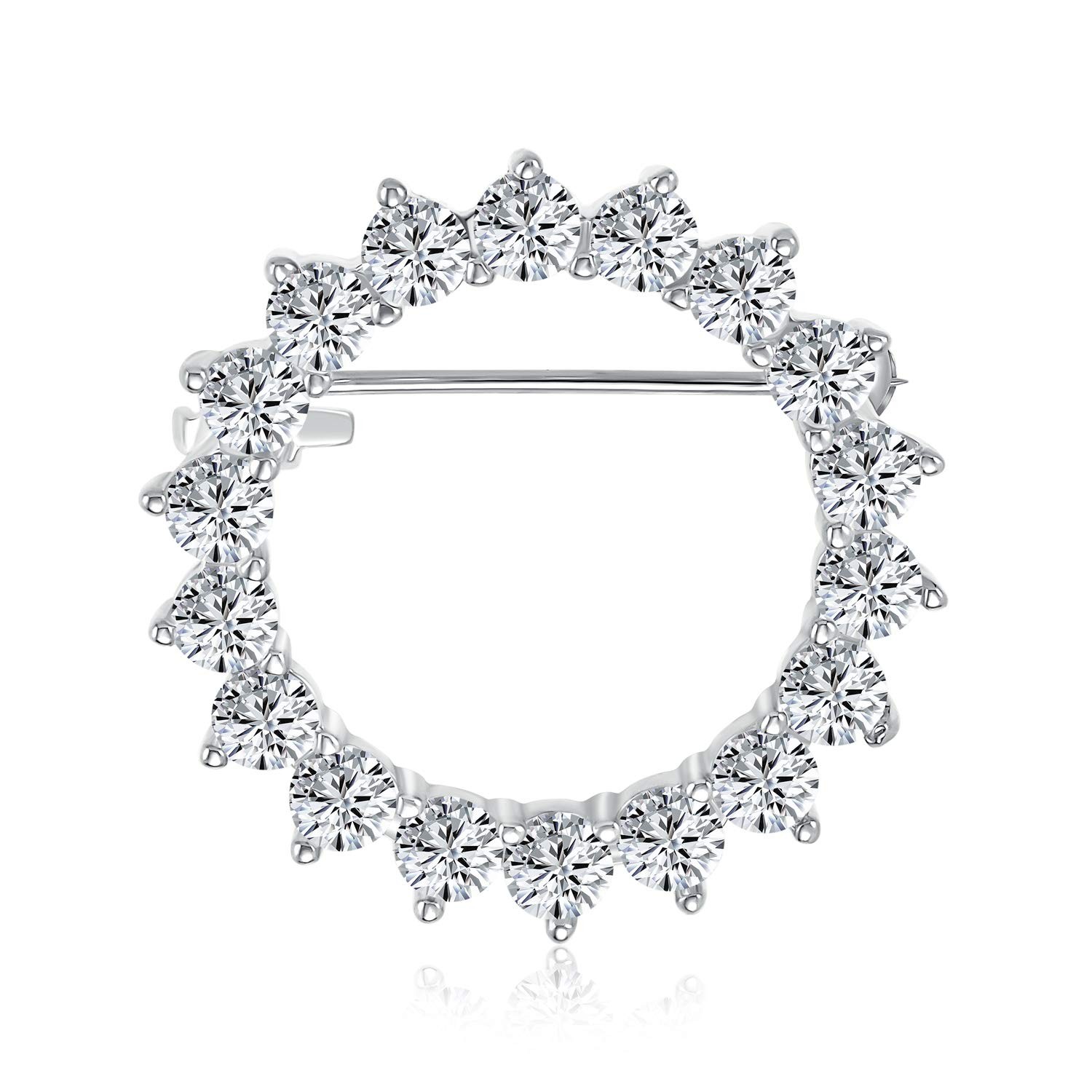 Women’s Classic Silver Plated Round CZ Brooch Pin Elegant Bridal Scarf Pin