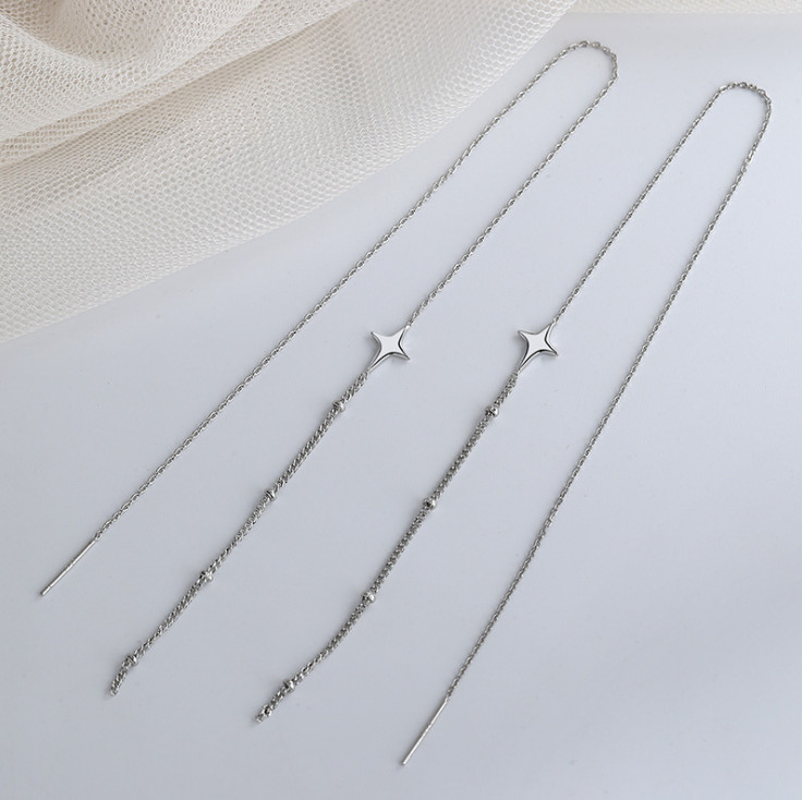 A Pair Long Chain Tassel Threader Earrings Earline Women Silver Star Jewelry I50