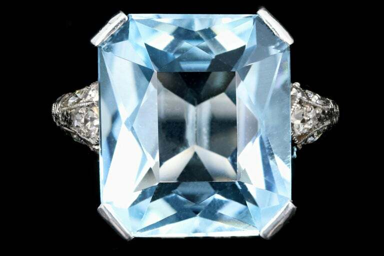 Classic Art Deco Vintage Emerald Cut 7.21CT Aquamarine & Old Mine Cut CZ Ring